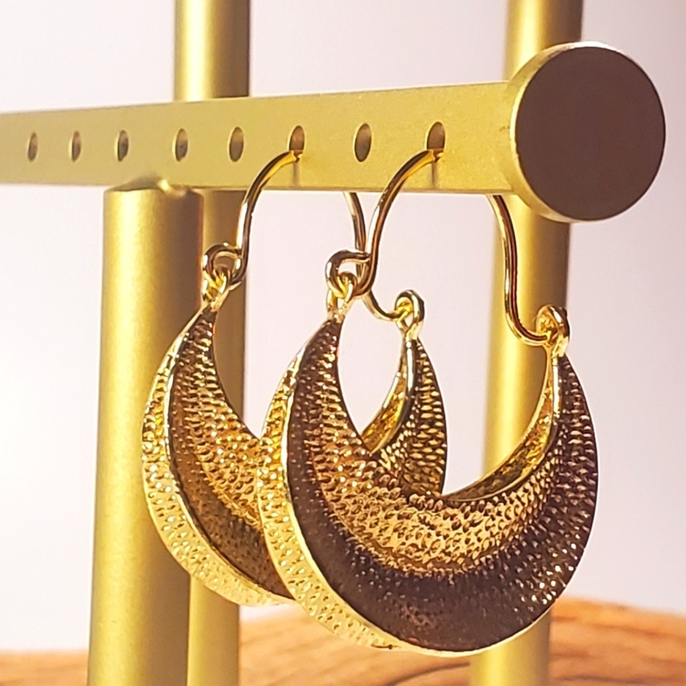 Gold Crescent Hinged Hoop Dangle  Earrings with Textured Finish NWT
